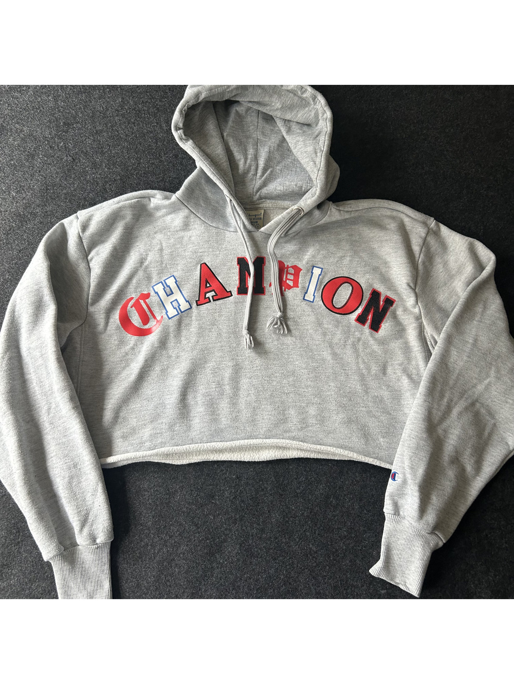 Champion Reverse Weave Cropped Hoodie Women's Medium Gray Arch Logo Pullover